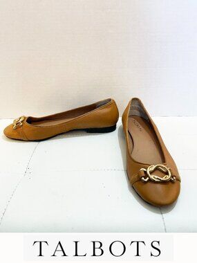 Talbots Tan Leather Ballet Flats Gold Buckle Ornament Size 9M
